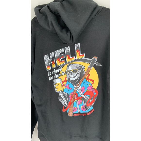 Assholes Live Forever Unisex Hoodie Medium Hell Is Where The Fun Is Skelton New - Picture 4 of 5